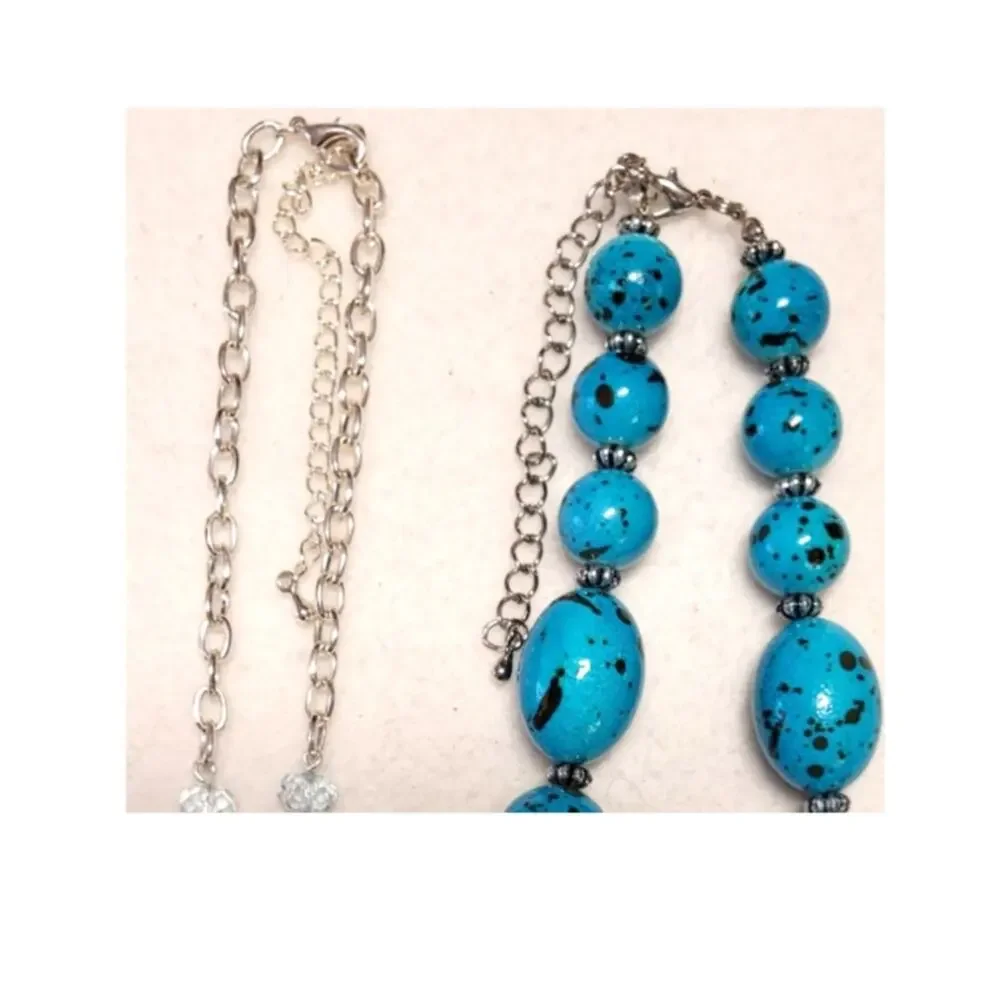 Vtg Turquoise Blue Jewelry Lot 2 Necklaces 1 Bracelet Ceramic Glass Moonstone